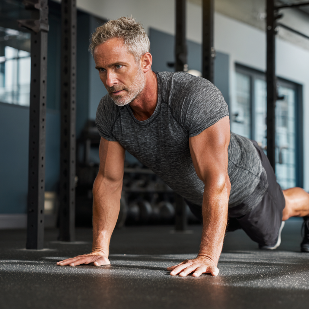 confident middle-aged man performing functional movement in modern training facility