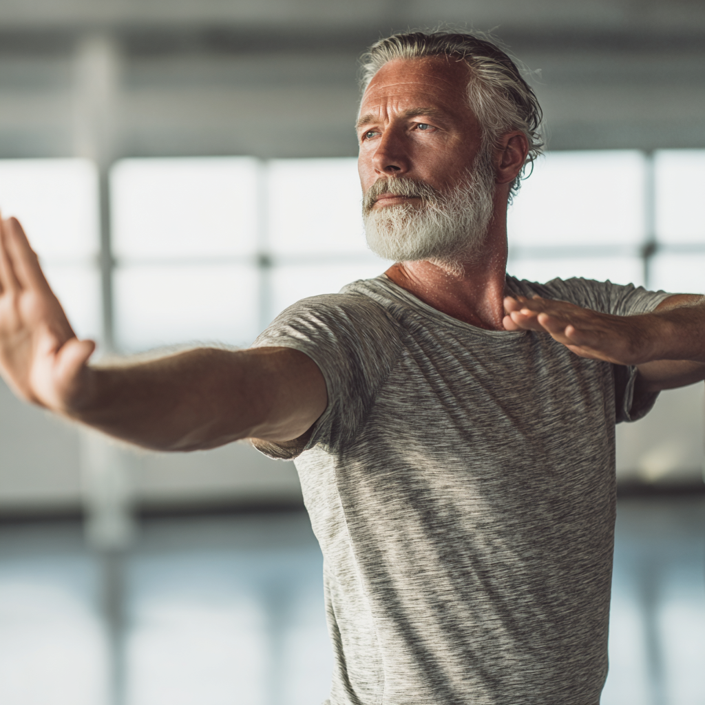 mature man practicing controlled movement exercises in well-lit fitness space